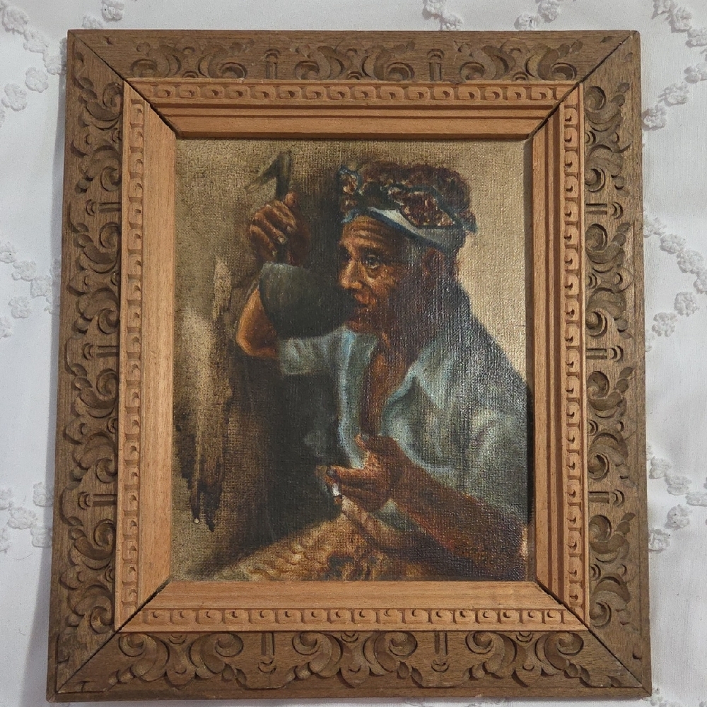 Rustic Portrait Painting in Brown and Blue